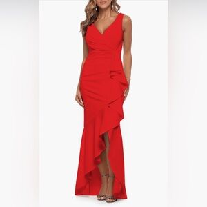 New Betsy & Adam V-Neck Cascade Ruffle Gown, Red